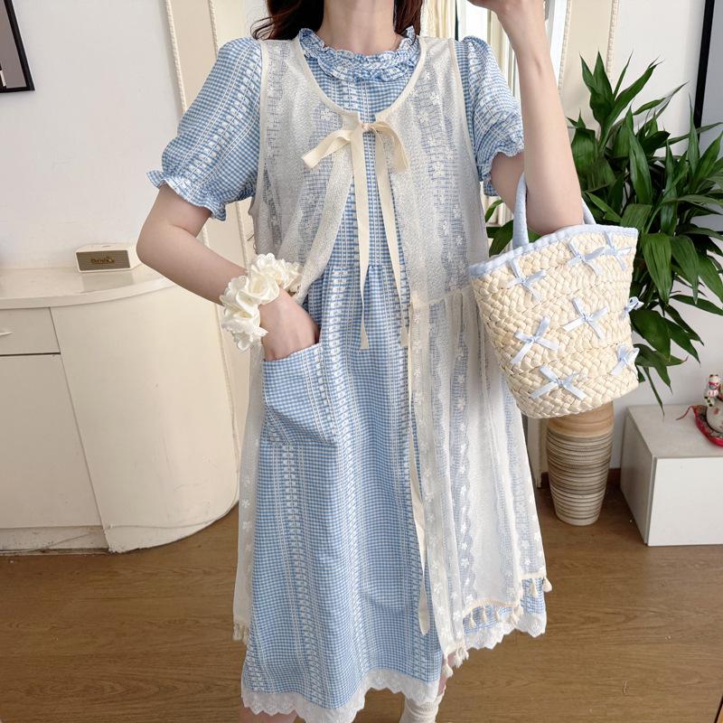 Korean Style Sweet Blue & White Plaid Lace Maternity Two-Piece Dress 2026 M
