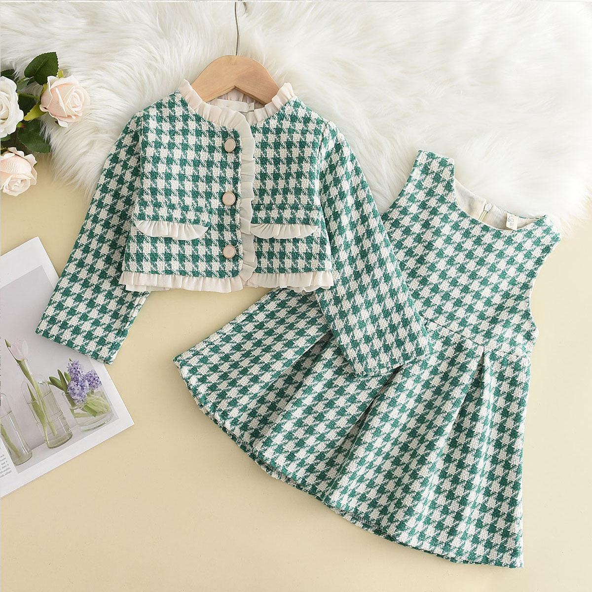 

Комплект одежды для маленьких девочек, весенне-осенне-зимняя одежда, детское плиссированное клетчатое платье + куртка, модная одежда, детский костюм для От 2 до 7 лет 4T зелёный