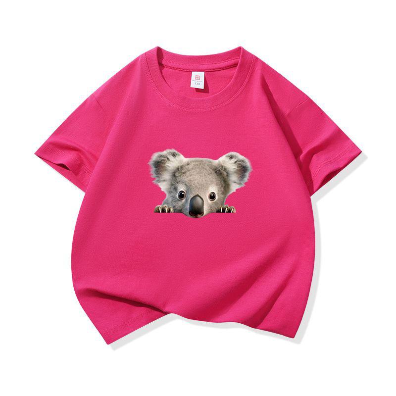 Bawełniany T-shirt dla dzieci Uroczy nadruk z wyłaniającym się koalą Okrągły dekolt Krótki rękaw Koszulka Casual Oddychająca Chłopcy Dziewczynki Letnie Topy
