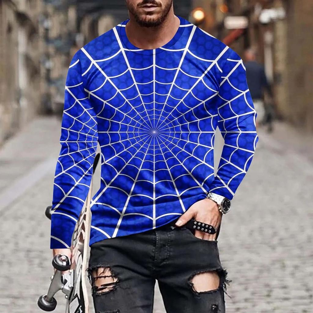 Fashion Street Personality Man Spiderweb Halloween Hd 3d Printed Long Sleeve T-Shirt Plus Size Loose Comfortable Jumper