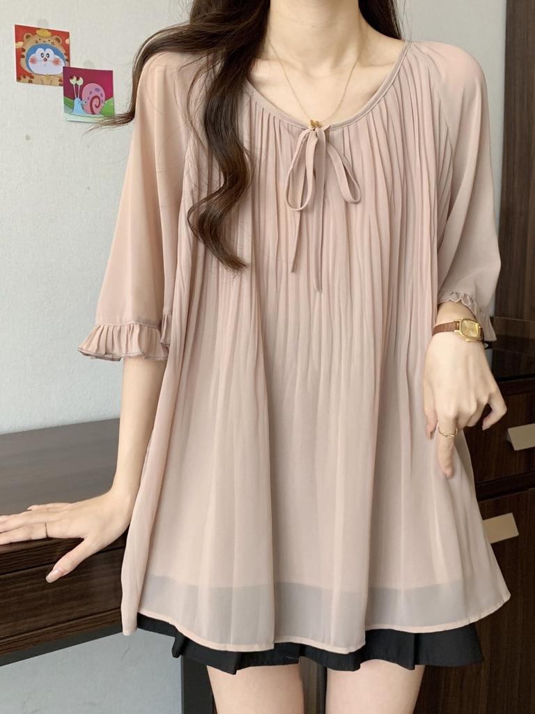 Women's Plus Size Summer French Style Slimming Loose Blouses Lantern Sleeve Chiffon Shirt Button up Tops T-shirts