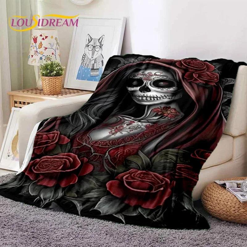 Skull Dead Girl 3D Gothic Horror Female Rose Soft Flannel Blanket,Throw Blanket Comfortable Blanket for Picnic Beds Home Bedroom
