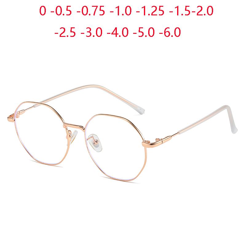 0 -0.5 -1.0 To -6.0 Women Men Blue Light Blocking Polygon Myopia Glasses Finished Fashion Metal Student Prescription Spectacles
