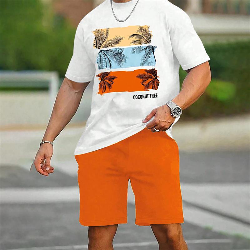 Gradient Coconut Tree Men's Set 3D Printed Summer Beach Hawaiian Style T-shirt+pants two-piece casual sports plus size men's set