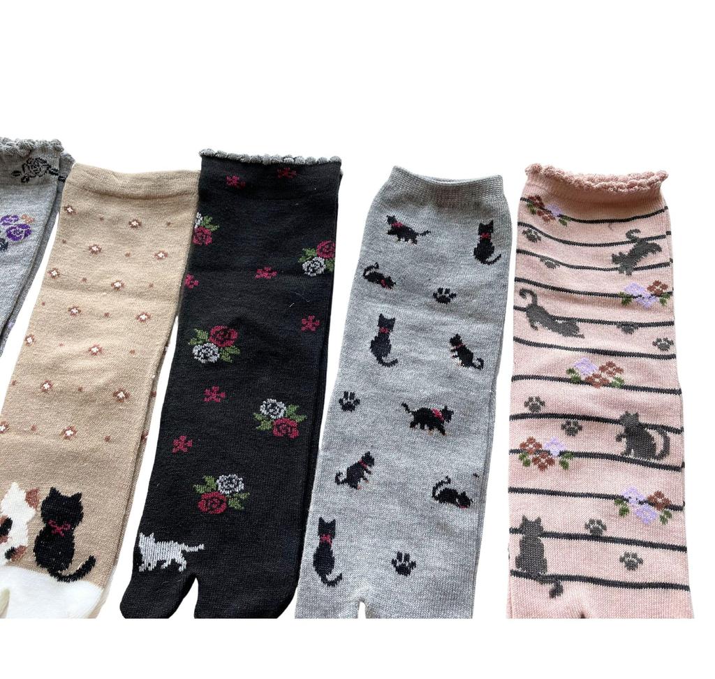 Stylish Tabi Cute Cat Cotton Loose Set of Your B21 Women's Socks, Ankle-Length, Print, Blend, Elastic, 5-Pair (Pattern Choice)