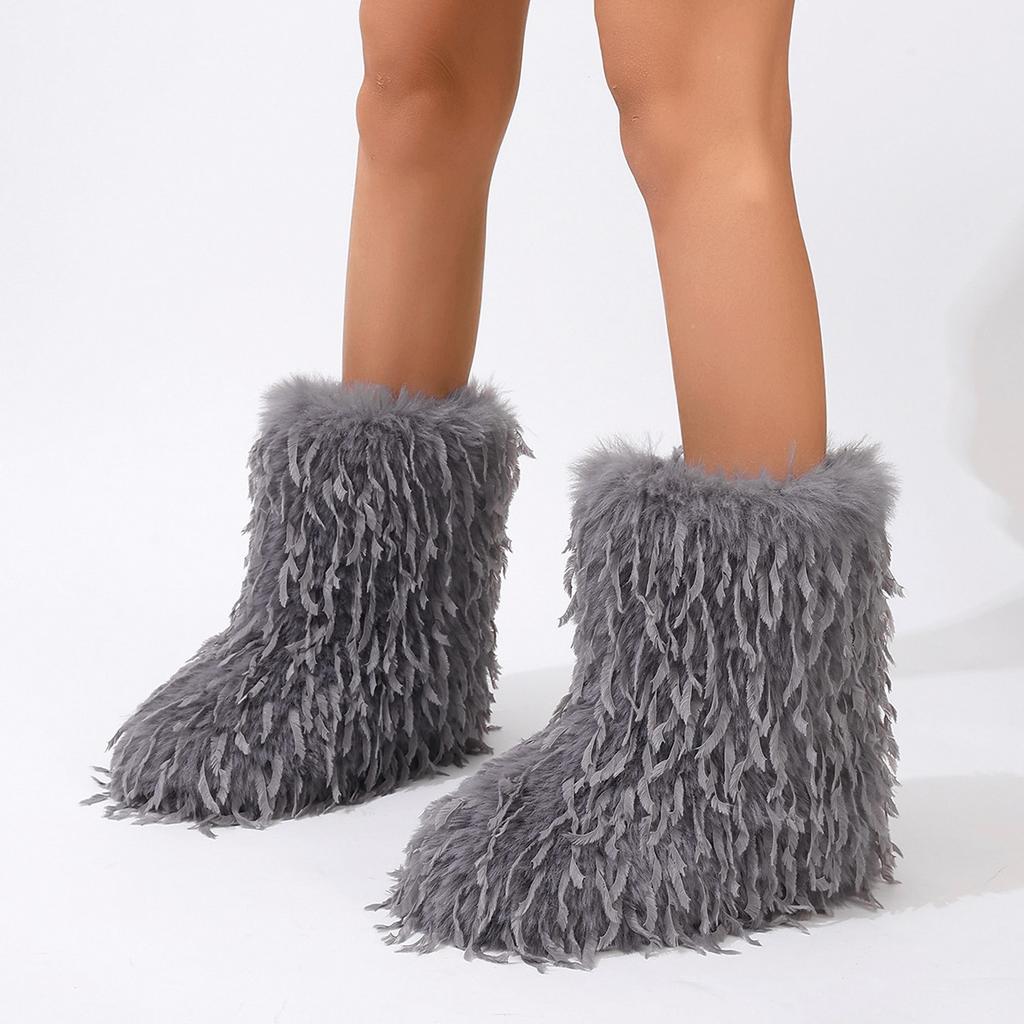 Furry Faux Fur Boots for Women Fuzzy Fluffy Mid Calf Snow Boots Winter Suede Warm Fur Lined Booties Flat Boots Women's Casual Ankle Booties Shoes