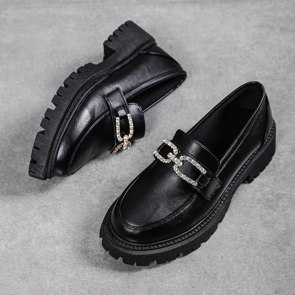 Large Size Small Leather Shoes Women's Spring and Autumn Thick-soled British Women's Shallow Mouth Rhinestone Buckle Single Shoes Women