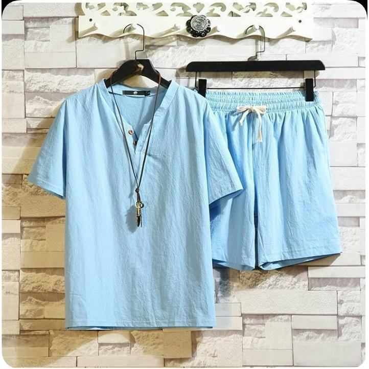 

Cotton and Linen Short-sleeved Shorts Suit Men s Chinese Style Summer Trend Linen Leisure Sports Two-piece Suit 5XL світло-синій колір
