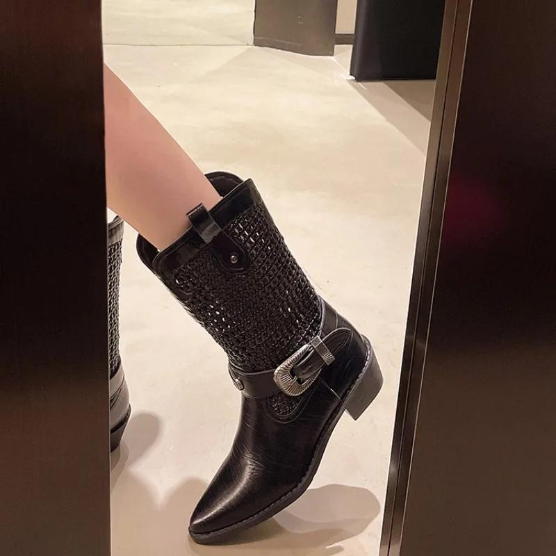 Fashion New Fashion Temperament Fashion Boots Pointed Toe Cutout Woven Women's Shoes 2025 New Boots