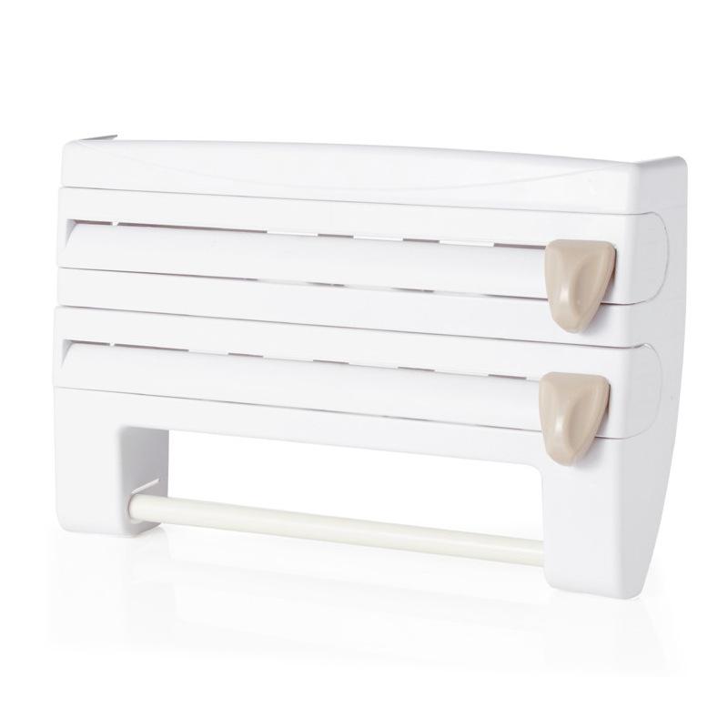 Multifunctional Wall-Mounted Kitchen Storage Rack with Cutter for Plastic Wrap, Foil, and Paper Towels