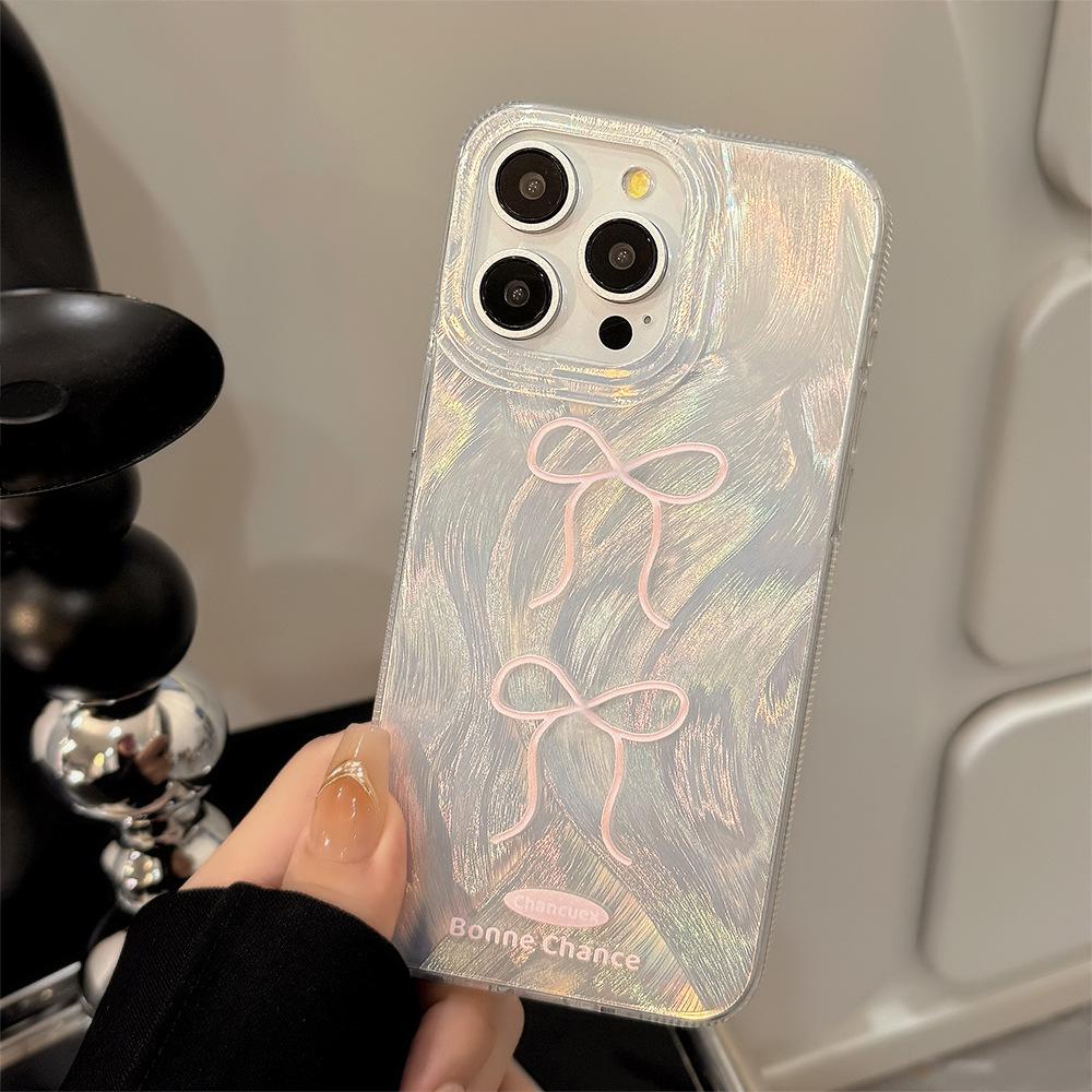 Three Dimensional Silver Pearl Powder Bow Mobile Phone Case Suitable for Apple 15promax Feather Iphone16 Anti Fall 12 Hard 14