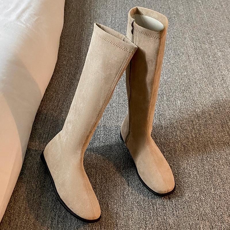 2026 New Spring Autumn Elastic Slimming Woman High Boot Concise Round Toe Shoes Ladies Soft Leather Flats Knight Long Booties