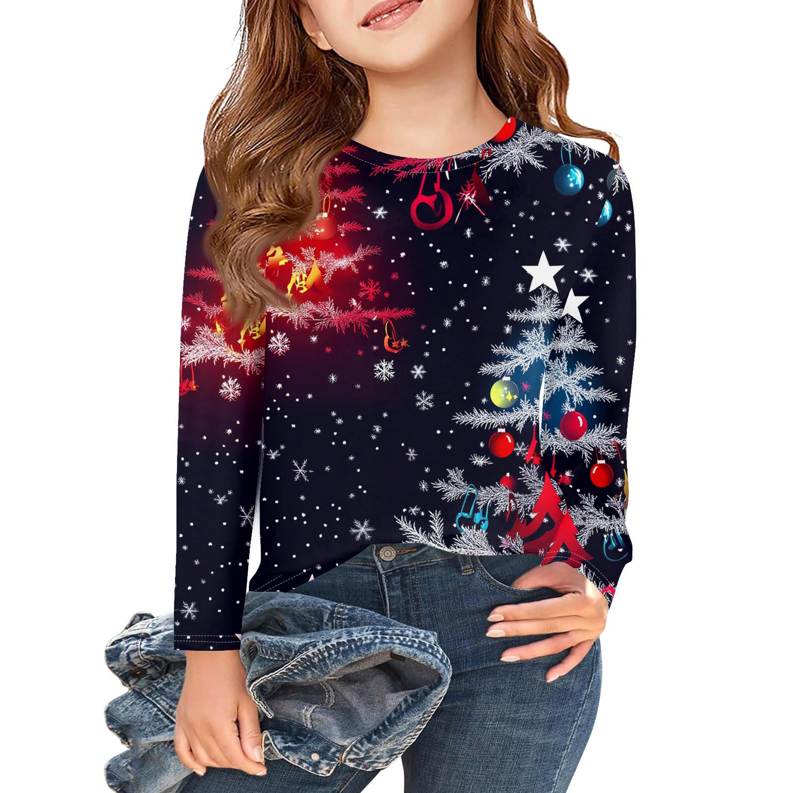 

Рождественские футболки с длинным рукавом для девочек, детские осенние топы с круглым вырезом и принтом, базовые футболки 130