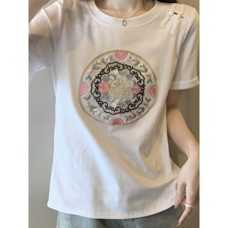 Plus Size Women's Clothing Chinese Style Summer Retro Sweet round Neck Chinese Knot Button Fashion Girlish Style Casual Short Sleeve T-shirt L-4XL