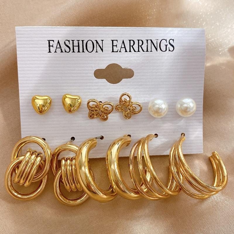 17KM Vintage Gold Color Hoop Earrings Set Pearl Metal Dangle Earrings for Women Crystal Twist Earrings Trendy Fashion Jewelry