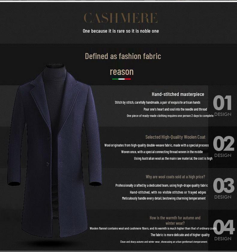 Men's Mid-Length Cashmere Woolen Coat - Winter Business Slim-Fit Windbreaker.