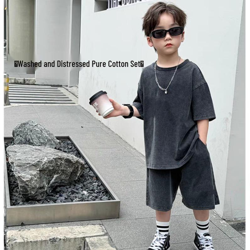 Washed Black Retro Distressed Short-Sleeve T-Shirt for Kids, Pure Cotton, Stylish for Boys and Girls