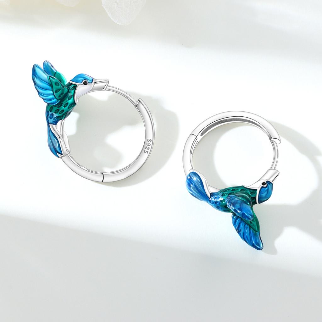 S925 Silver Blue Green Hummingbird Earrings Hoop Earrings Women Jewelry Trendy Anniversary Gifts