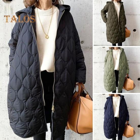 Fall Winter Women Jacket Hooded Zip-up Rhombus Texture Thin Padded Long Sleeves Mid Length Loose Work School Daily Coat