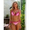 Sexy Pink Plaid Bikini Women Lace Trim Push Up Bra Tie Side Thong Swimsuit Beach Bathing Suit Holiday Swimwear