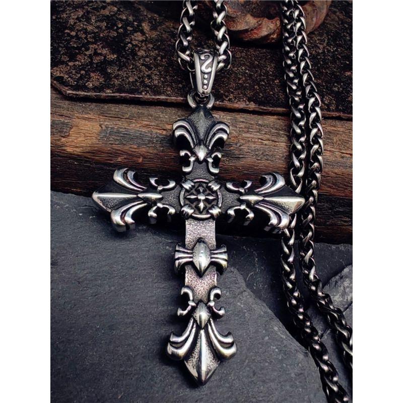 Retro Gothic Cross Necklace Men's Fashion Punk Titanium Steel Stylish Fashion Double-Sided Hip Hop Pendant Men's Sweater Chain