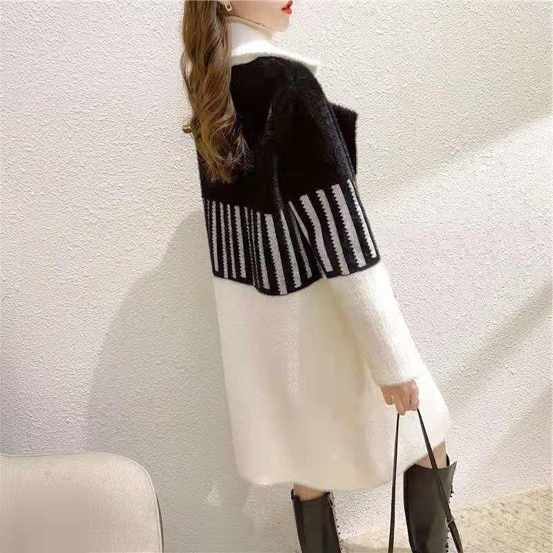 Women's Spring Autumn Winter Mink Velvet Coat, Thick Loose Sweater with A Medium-length Collar, Knitted