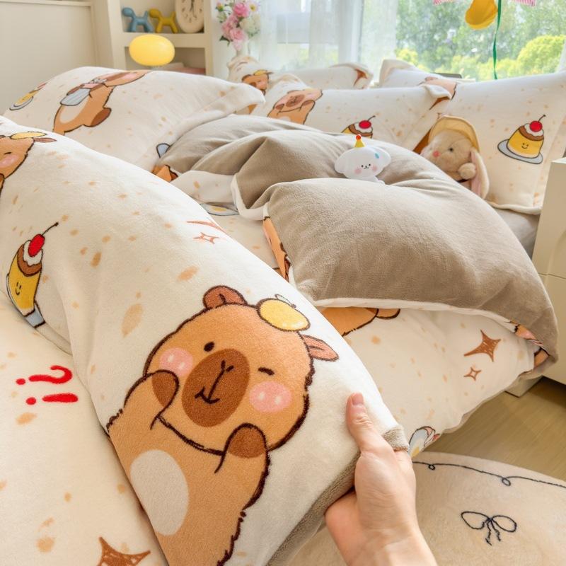 Thickened Milk Fleece Four-Piece Set Double-Sided Fleece Quilt Cover Coral Flannel Bed Sheet Quilt Cover Three-Piece Set Of Bed Hat