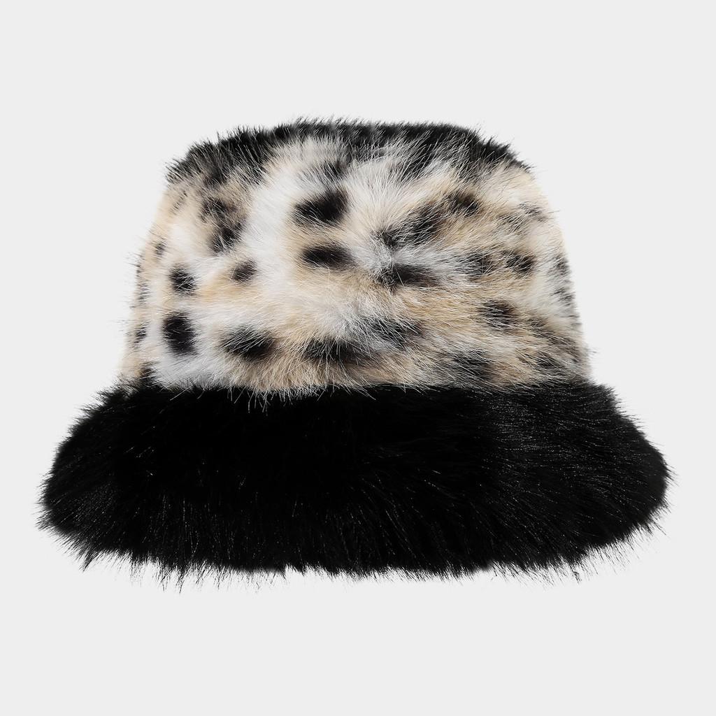Polyester Furry Leopard Print Fisherman Hat With Wide Brim For Winter Fashion