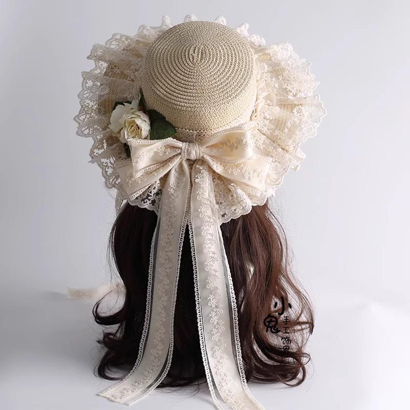 Sun Hat Pastoral Lo Soft Girl Straw Hat Doll Feeling Lace Bow Streamer Hat Female Sun Hat
