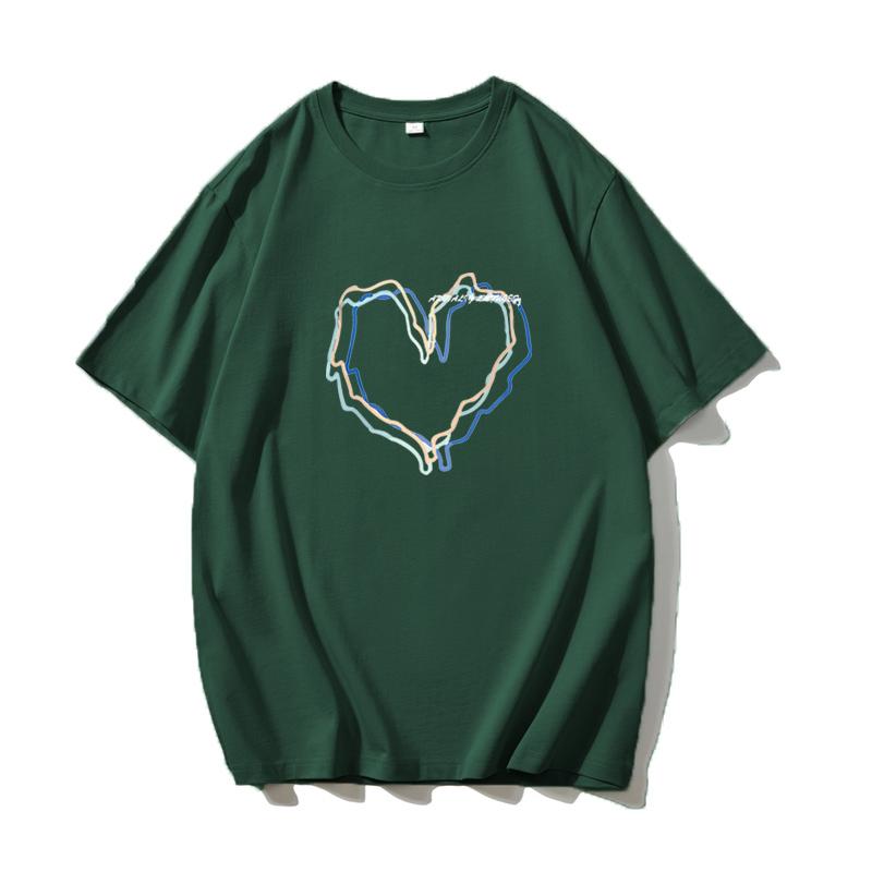 Shellsuning Loose O Neck Cotton Printed Shirts Women Summer Kawaii Heart Graphic Tees Female Casual Short Sleeve Base Black Tops