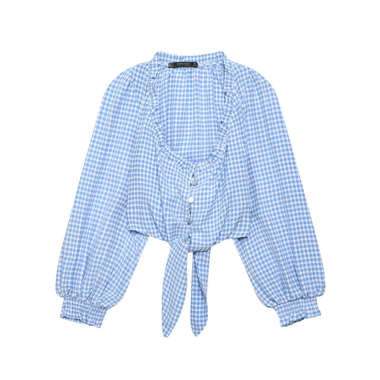 2026 Spring Blue Plaid Cropped Top for European and American Women XS светло-синий