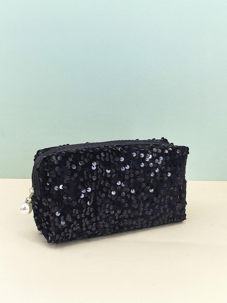 Velvet Sequin Makeup Bag With Large Capacity For Travel And Daily Use