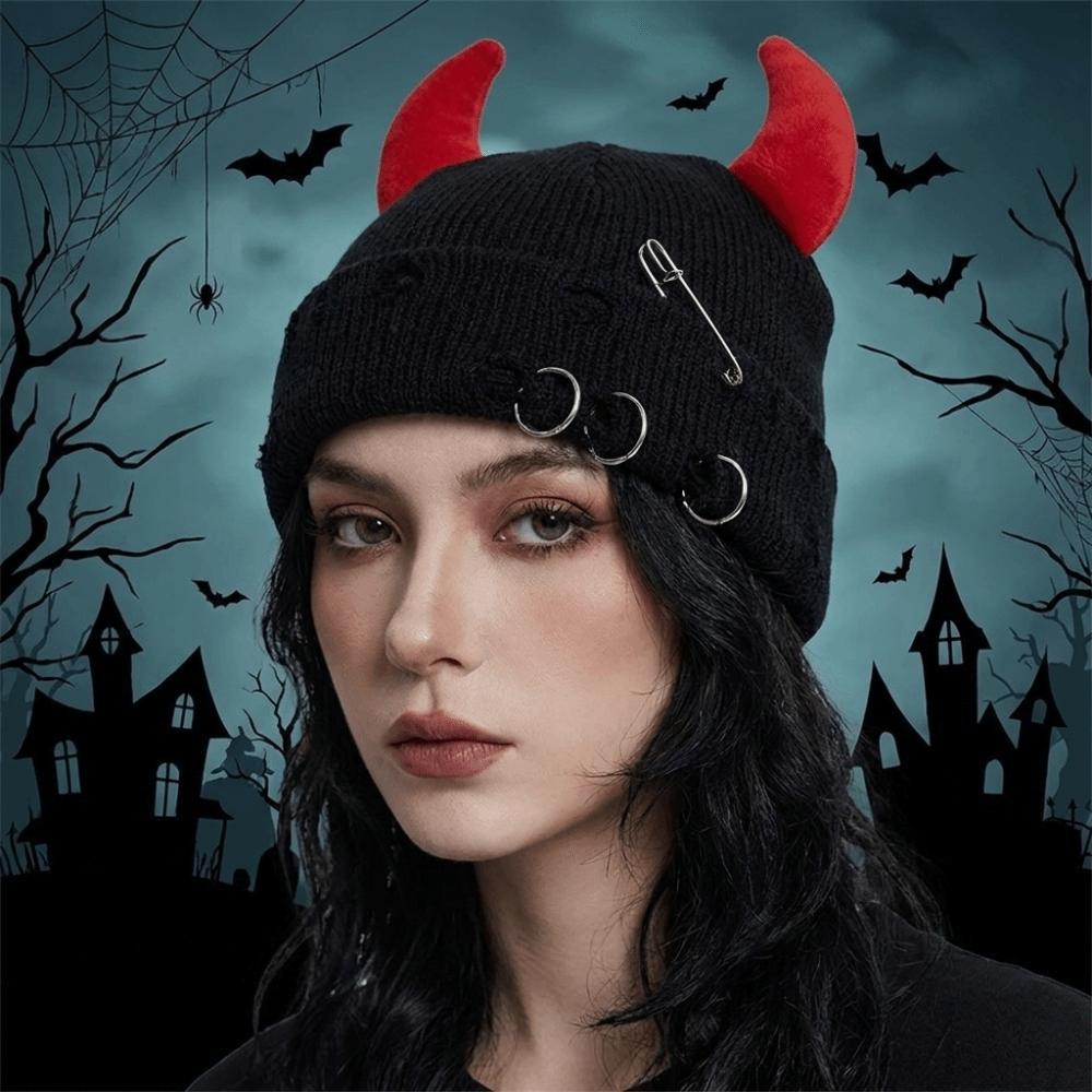 Yarn Winter Pullover Cap Solid Color Knitted Beanie Punk Devil Horns Hat Autumn/Winter