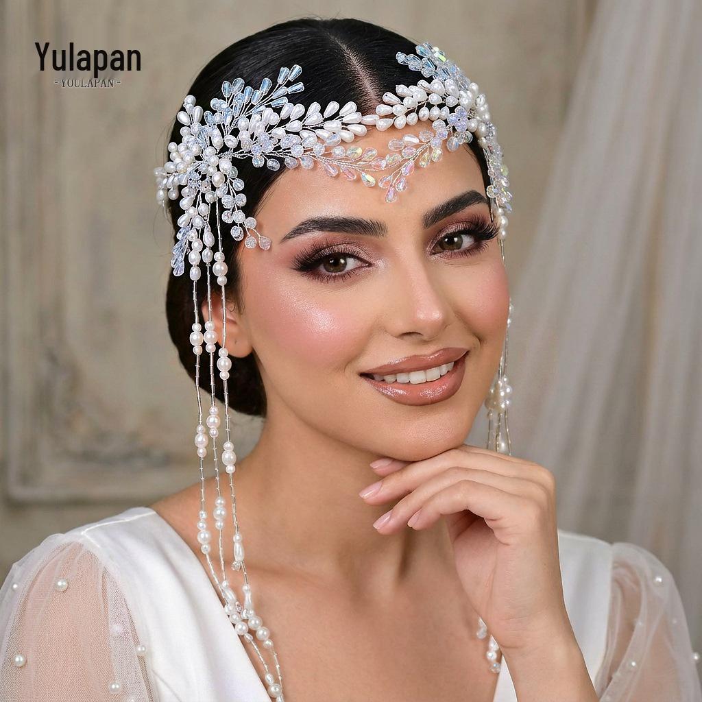 Yula Pan Bridal Crystal Hairband with Pearl Tassels and Mori Style Forehead Headdress (HP980)