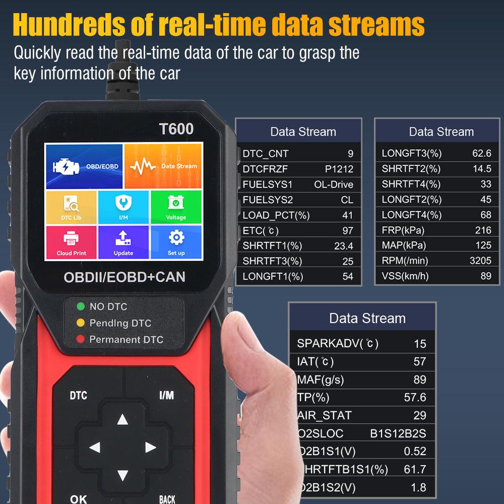 OBD2 Scanner T600 Oxygen Sensor Test Code Reader Support Cloud Print Professional Car Diagnostic Tool Automotive DTC Lookup