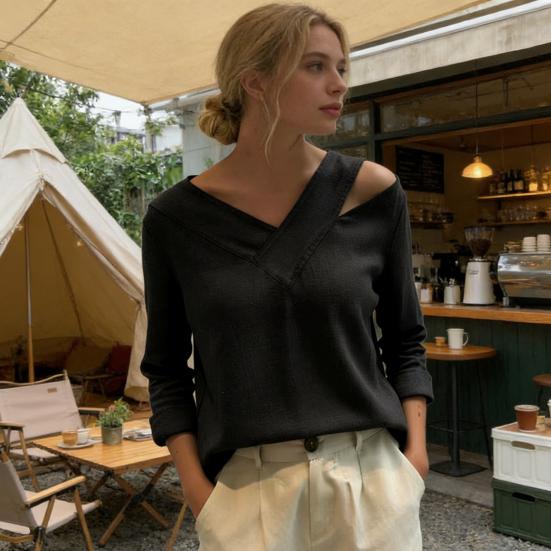 Women T-shirt V-Neck Off Shoulder Long Sleeve Pullover Tops Pure Color Loose Fit Summer Casual Shirt Daily