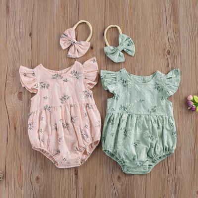 Baby Romper with Headband, Floral Print Round Collar Fly Sleeve Bodysuit+ Hair Band for Girls, Pink/Green