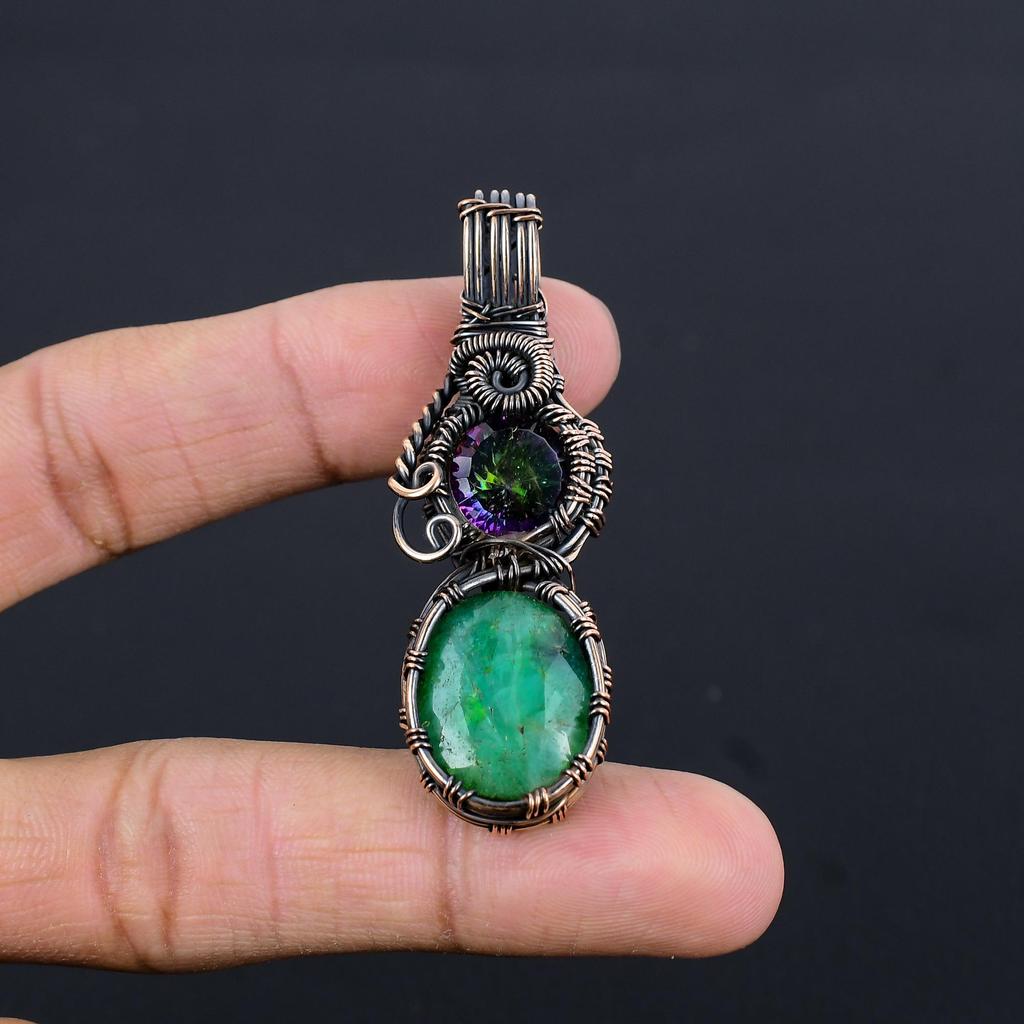 Emerald Pendant, 999 Copper Wire Wrapped Pendant Gemstone Jewelry, Handmade Pendant Amazing Jewelry, Gift For Her