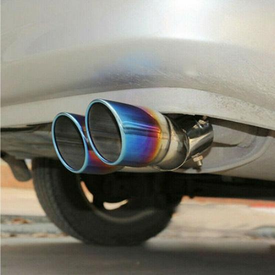 Inlet Dual Outlet Exhaust Tip Round Cut Burnt Blue Stainless Steel Bent 2.5"