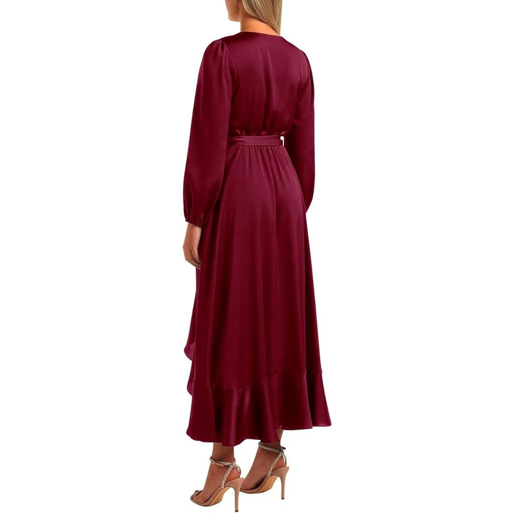 New Hot Sale Spring Autumn Women's Long Sleeve Satin V Neck Dress European American Style