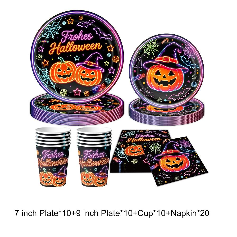 Thickened Neon Pumpkin Disposable Tableware Set Eco-friendly No Sagging Halloween Party Dinnerware Kit Waterproof