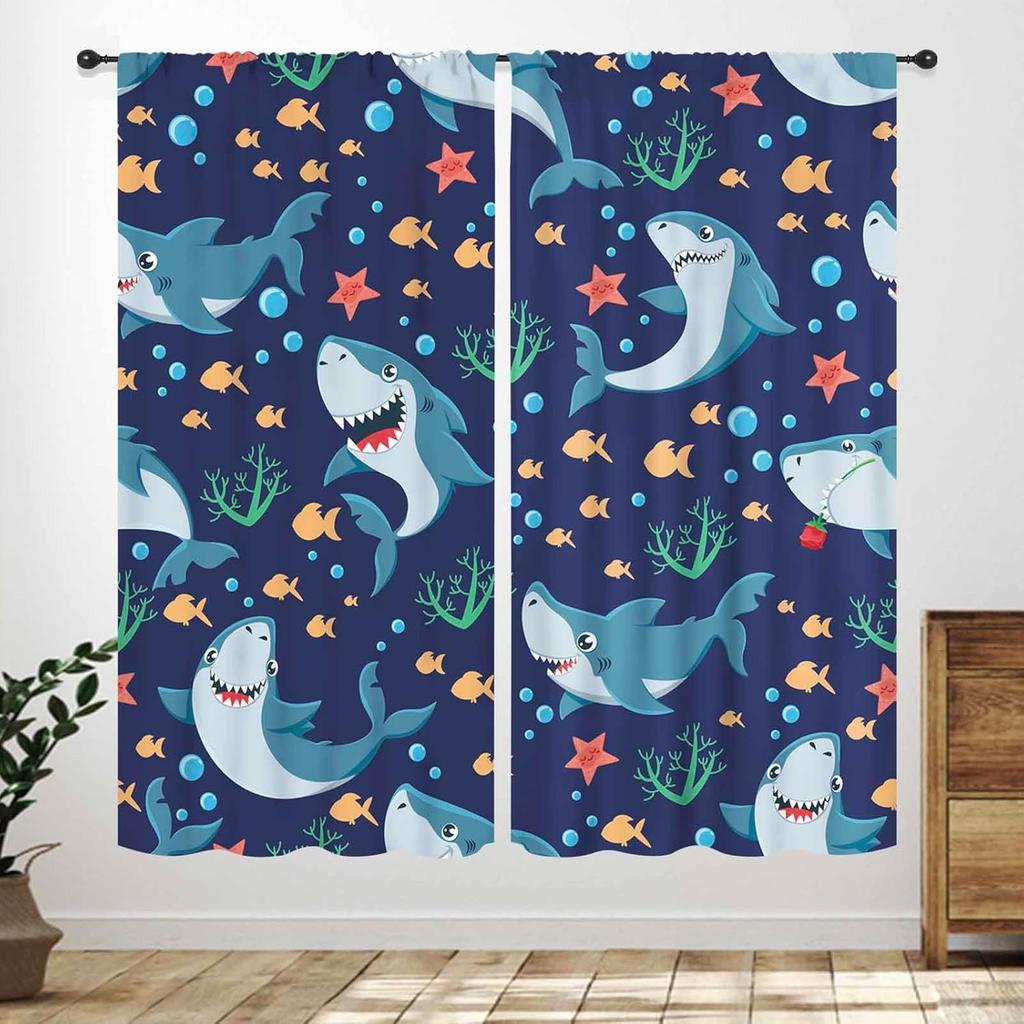 Blue Curtains Kids Room Cartoon Underwater Animals Sharks Turtles Nature Marine Plants Window Drapery Treatments Curtain Polyester Washable Children's