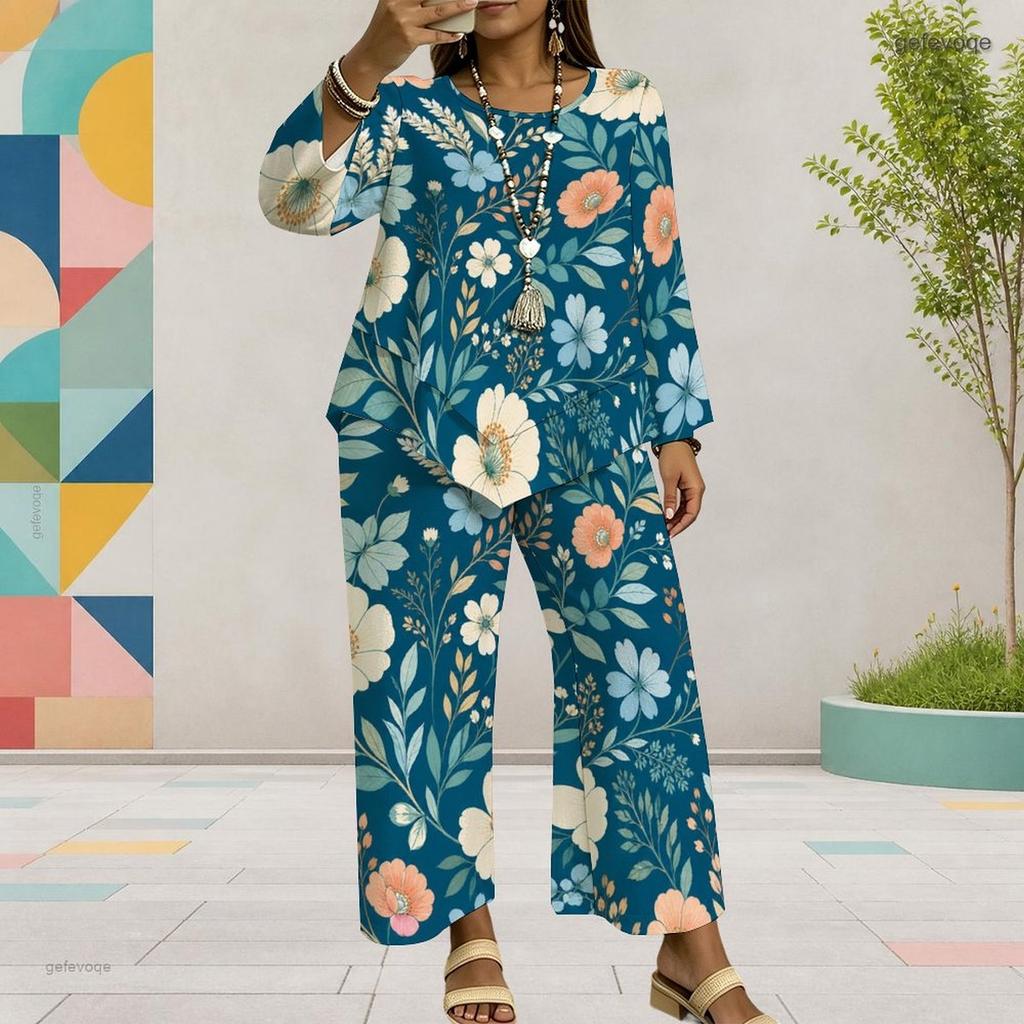Women Plus Size Round Neck Long Sleeve Floral Printed Layered Top Wide Leg Cropped Pants Two Piece Set