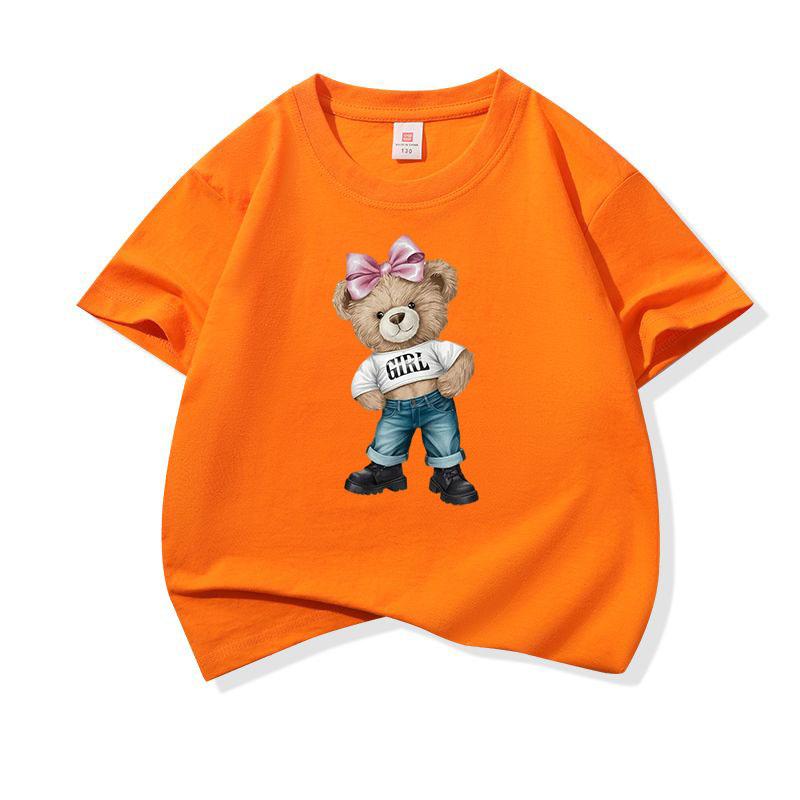 Girl Bear With Pink Bow Graphic Tee Kids Pure Cotton Crew Neck T Shirt Short Sleeve Muticolor Tops For Boys Girls Children