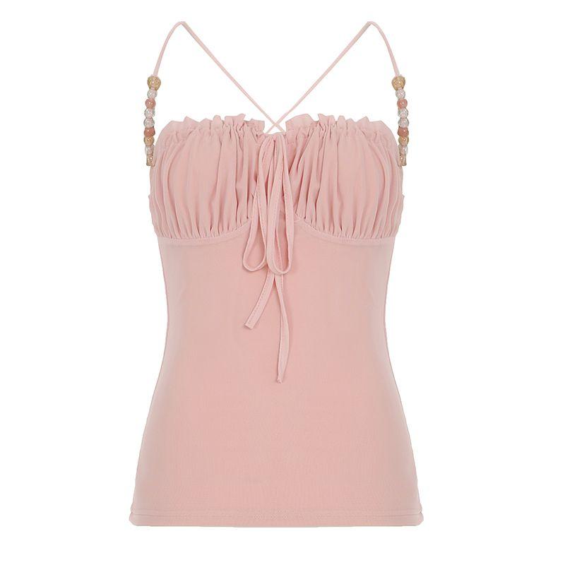 

Funoff French style Retro Pink Beaded Cross Hanging Neck Cami Sexy Low Cut Waist Hugging Bandage Top Pink S