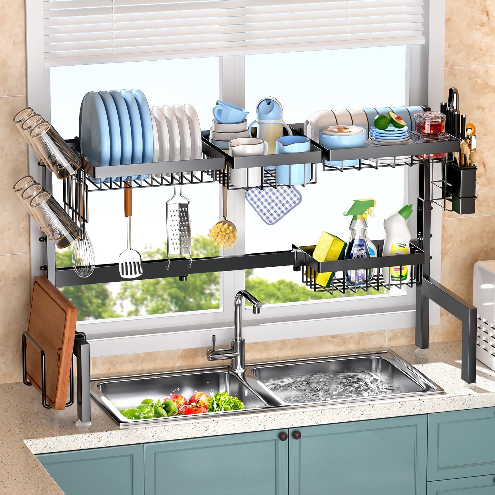 SVOHZAV Dish Drying Rack, Over-the-Sink, Horizontal, Rustproof, 2-Tier, Large Capacity, Kitchen Dish Rack, Water Drainage, Plate Rack, Multifunctional