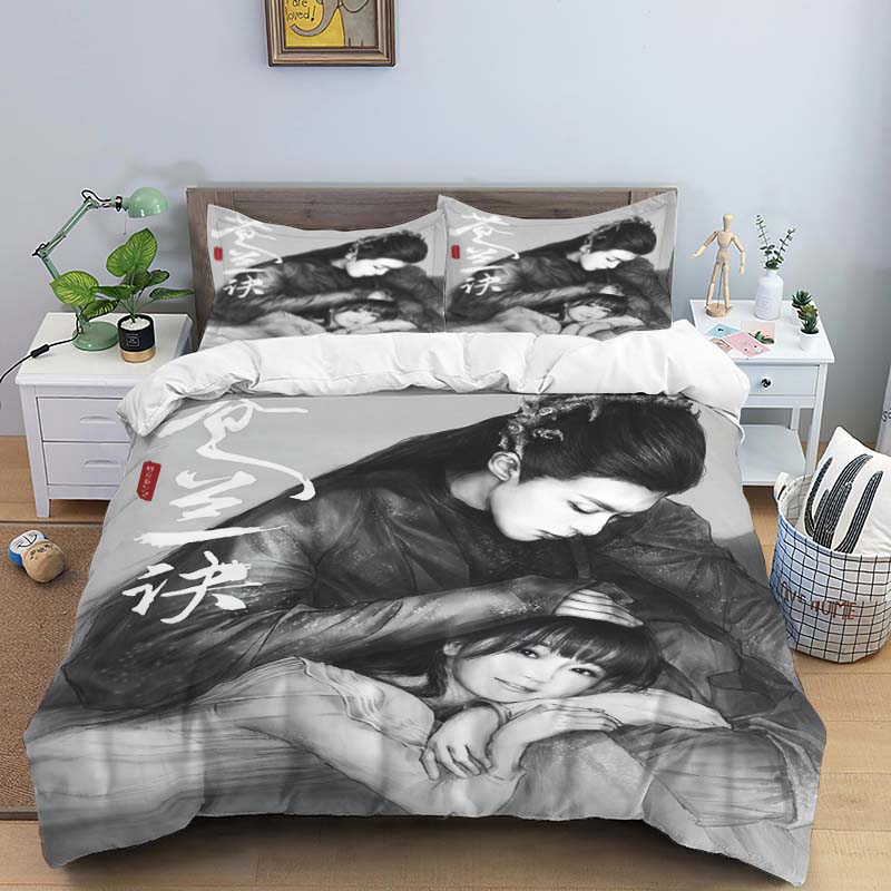 Ancient Chinese fantasy couple print bedding set, three-piece set, duvet cover and pillowcase set, dormitory single and double b
