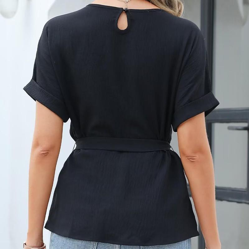 Ruffled Pleated Round Neck Short-sleeved Top Fashion Women's Commuter All-match Temperament Elegant Casual T-shirt R-88083