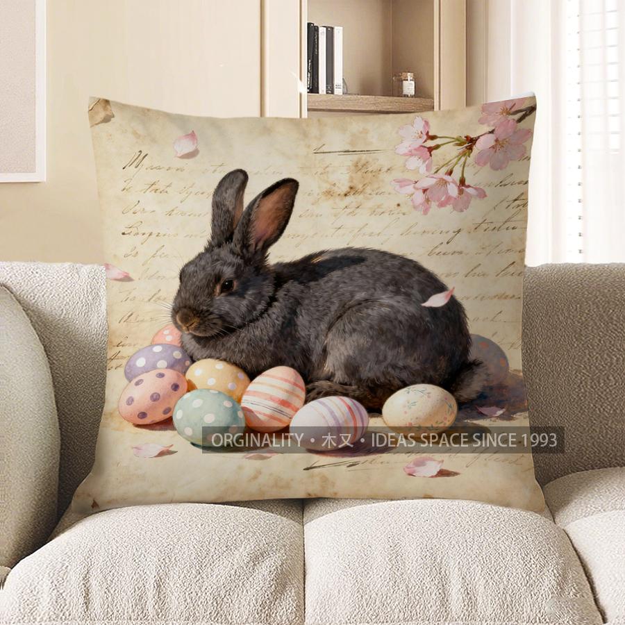 

2D Gray Rabbit With Easter Eggs And Cherry Blossoms Pattern Cushion Cover Suitable For Sofa Bedroom Car Pillow Cover 40x40cm
