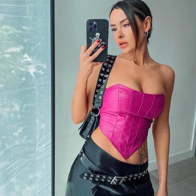 Women Summer Sexy Imitation Leather Slash Neck Strapless Corset Back Zipper Tank Tops Irregularity Rose Red Bralette Bustiers
